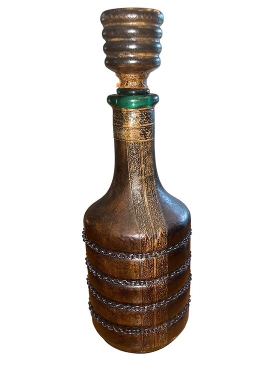 Unknown Other - Italian Leather Whiskey Decanter With Chains Vintage Mid-Century Barware 1960s